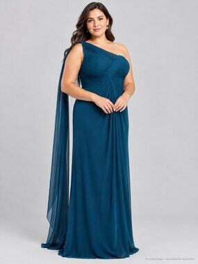NWT Alex Evenings Teal One Shoulder Pleated Mesh Evening Gown Maxi Size 16